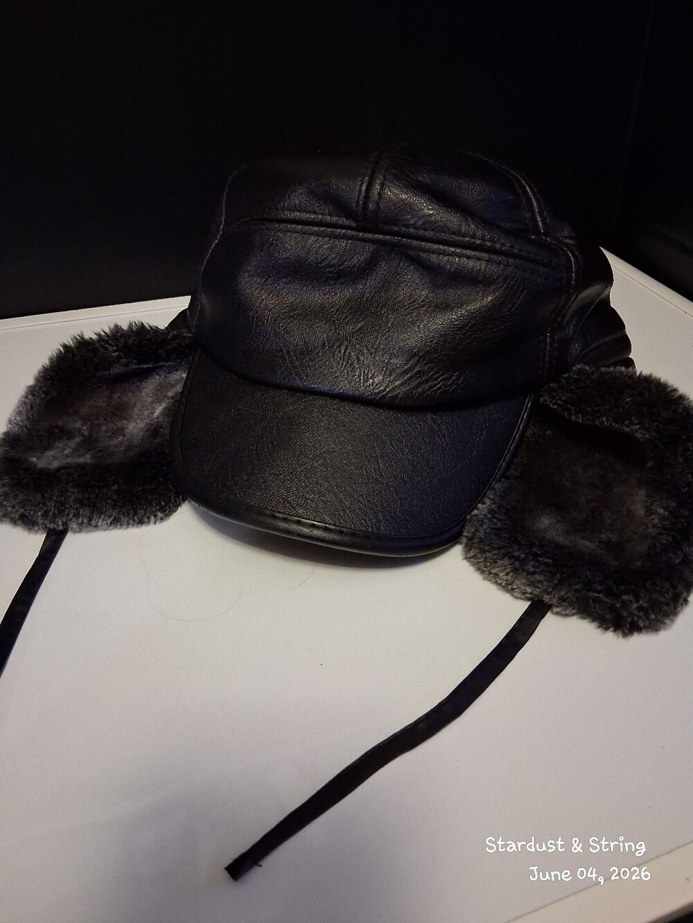 Black Faux Leather Trapper Aviator Hat Faux Fur Ear Flaps Winter Cap Size 60 XL